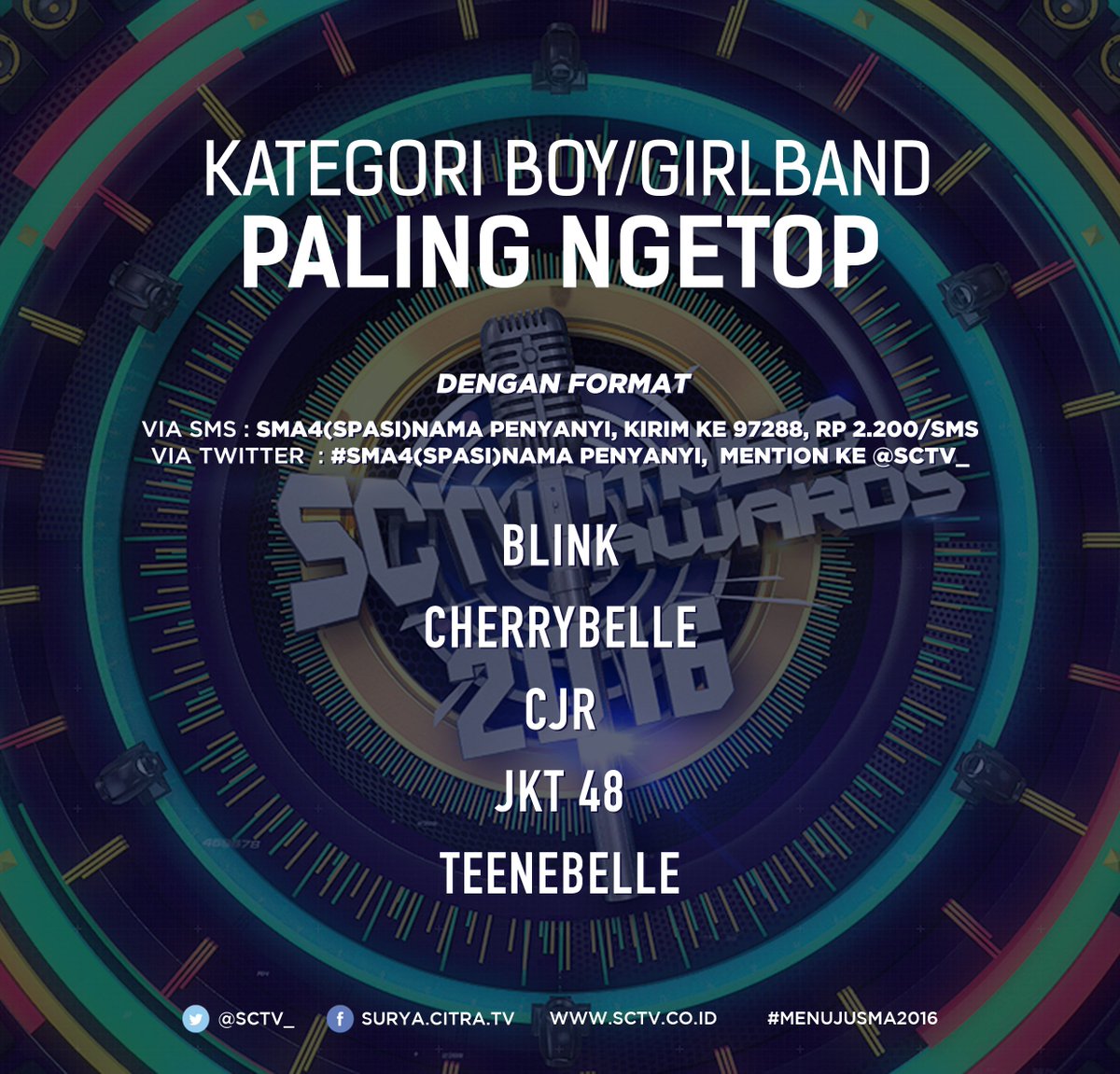 SCTV's tweet photo. Ikutan voting boy/girl band paling ngetop di SCTV Music Awards 2016 melalui sms dan twitter. #MenujuSMA2016 https://t.co/6zEjtg52f7