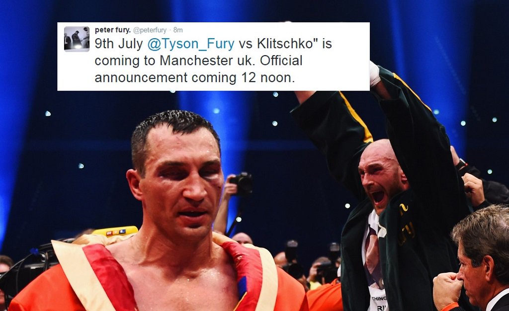 WilliamHill's tweet photo. BREAKING: Tyson Fury will defend his World Heavyweight title against Wladimir Klitschko on July 9th. https://t.co/p1t4iec4Uy