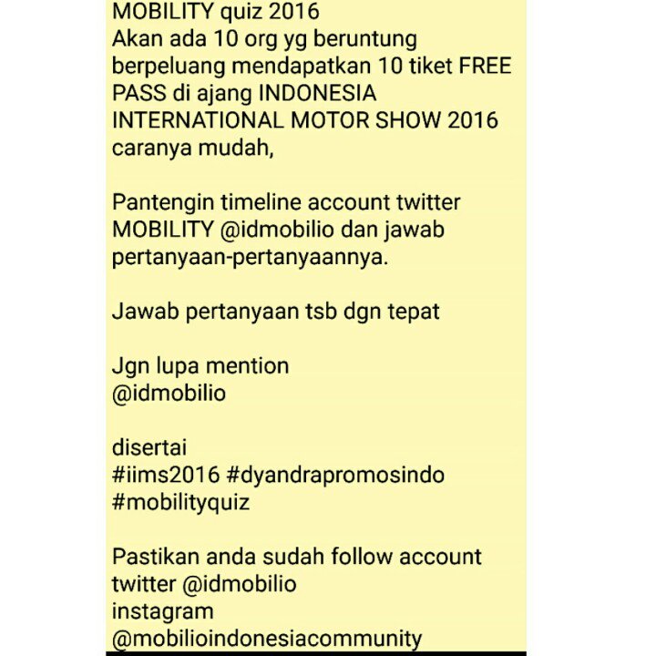 IDMobilio's tweet photo. Masih ad 8 tiket free pass @IIMS2016 bagi kamu yg beruntung bisa menjawab pertanyaan dr kami #Mobilityquiz https://t.co/d3Wa3nGryT