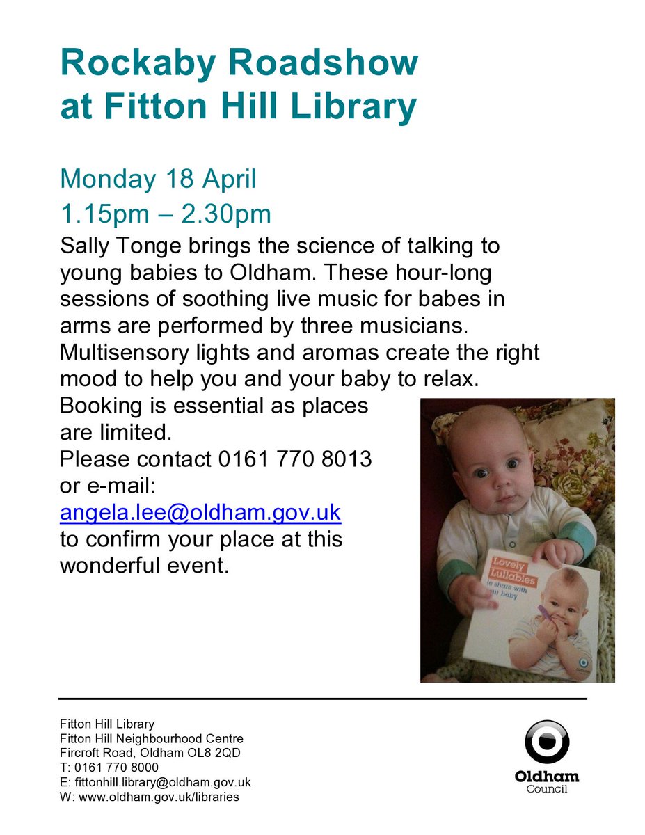 A few places left on our FREE Rockaby Roadshow at Fitton Hill Library Mon 18 April 1.15-2.30 Book now! (precrawlers)