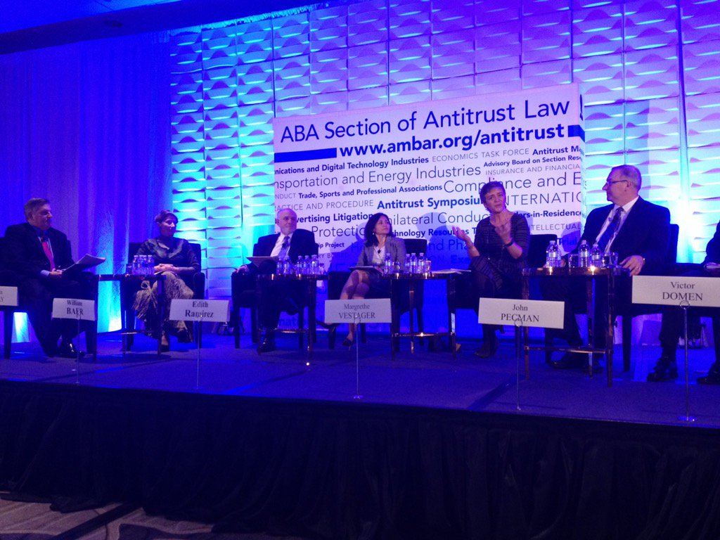 TerrellMcSweeny's tweet photo. Excellent enforcers roundtable w @EdithRamirezFTC Bill Baer @vestager underway @abaantitrust #ATSpring16 https://t.co/iKvVB3e8Pe
