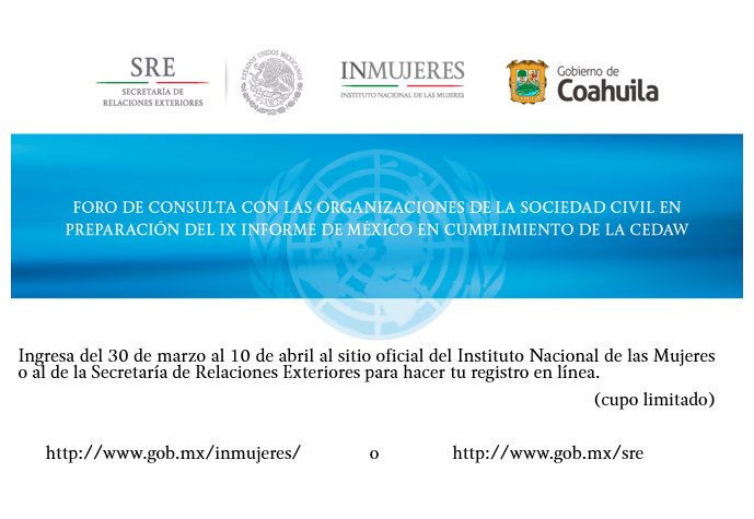 CONAVIM_MX's tweet photo. #Regístrate al 2o. Foro Regional con #OSC en preparación del #IXInforme de México #CEDAW https://t.co/yR8aJ27CtU https://t.co/jSfn1Ba9nx