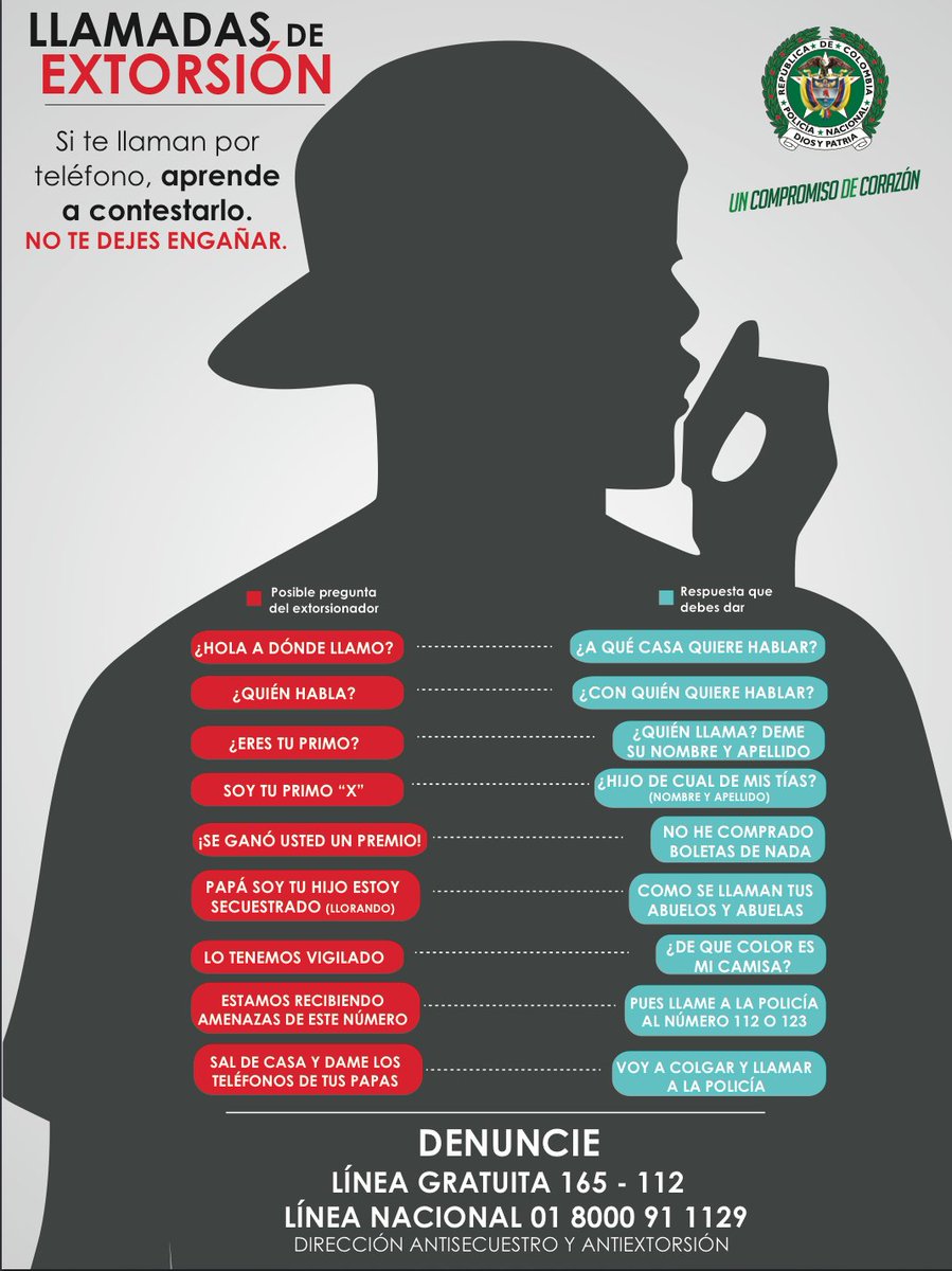 PoliciaColombia's tweet image. .@GaulaPolicia lo invita a que denuncie todo caso de extorsión a través de la línea 165 o 01 8000 911129.