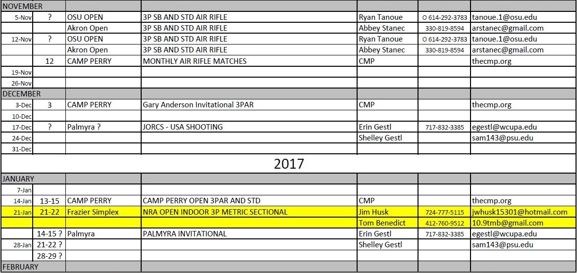 pghrifle's tweet photo. Here it is! The Pgh &amp; SWPA Listing of Rifle Matches 2016-17. Contact @JamesWHusk or @t2905navy for more information. https://t.co/ex1Wz47scK