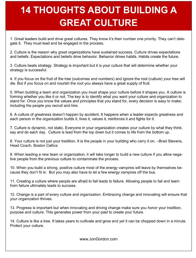 JonGordon11's tweet photo. 14 Thoughts about Building a Great Culture https://t.co/oujN0w807A