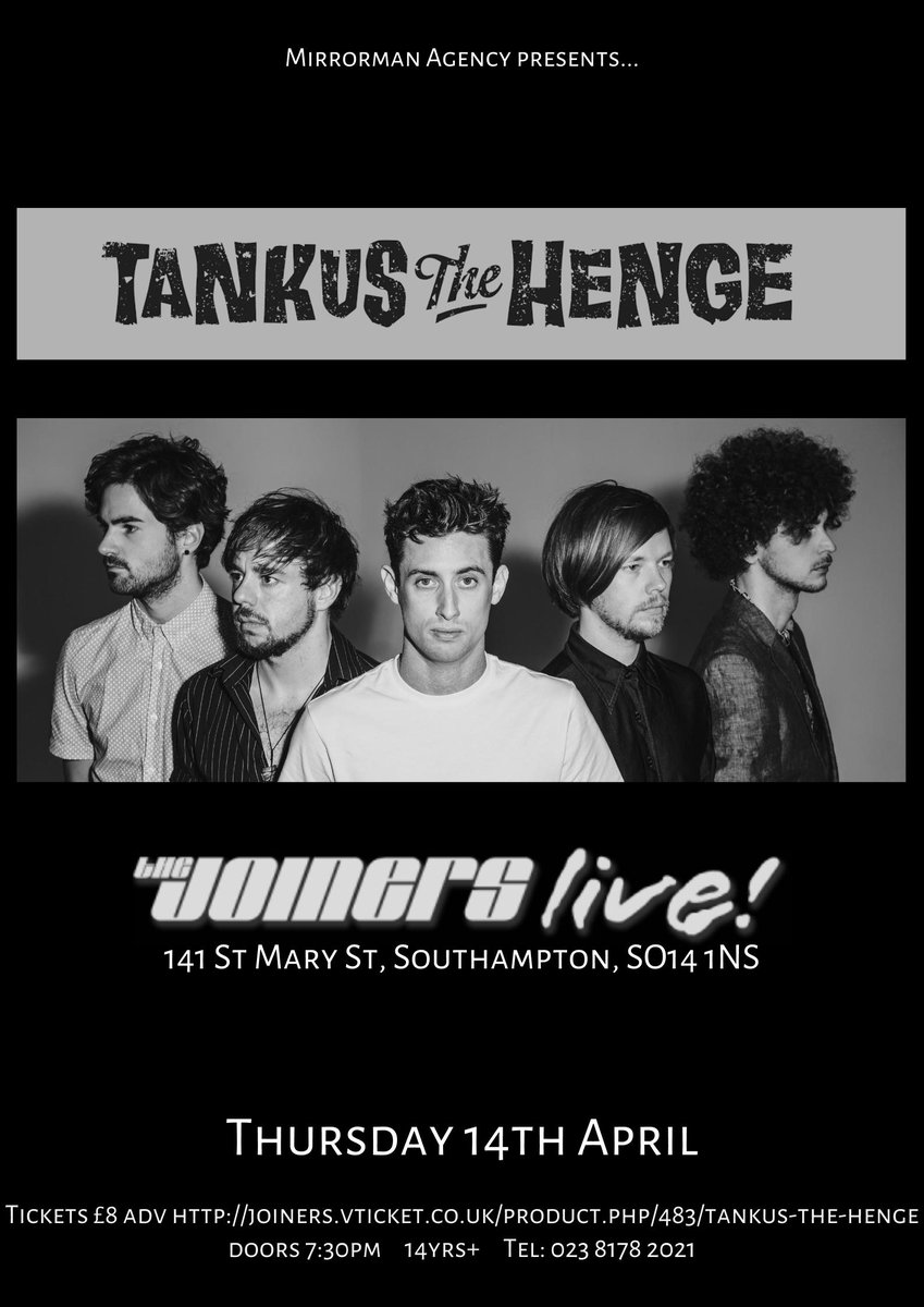 <a href="/InSouthampton/">In Southampton</a> Thurs 14th @tankusthehenge return to <a href="/joinerslive/">The Joiners</a> #Southampton!
Tix £8adv: joiners.vticket.co.uk/product.php/48…