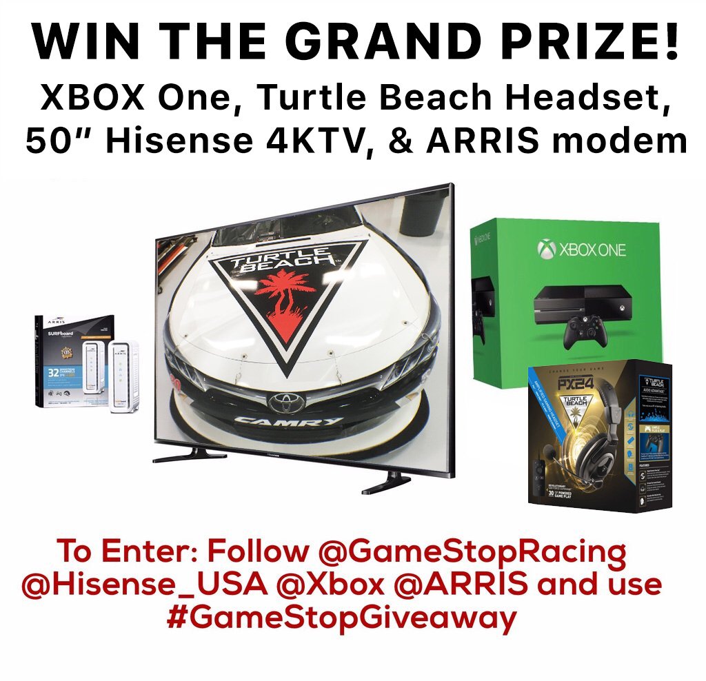 JoeGibbsRacing's tweet photo. WIN: @Xbox One, 50” @Hisense_USA 4KTV, @TurtleBeach headset, & @ARRIS modem! See graphic. #GameStopGiveaway https://t.co/Is9CdOIUJB
