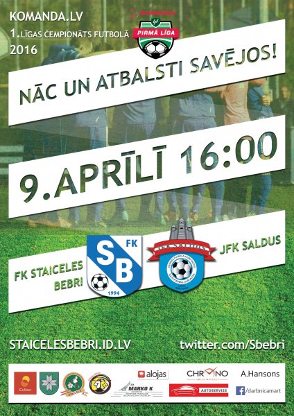 Jau rīt, 9. aprīlī, plkst. 16:00 tiekamies savā laukumā ar JFK Saldus ( @jfksaldus )

NĀC UN ATBALSTI SAVĒJOS ! ⚽