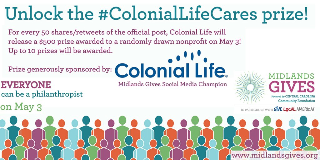 CCCFtweets's tweet photo. Unlock the #ColonialLifeCares prize! 50 retweets of THIS post releases a $500 randomly drawn #MidlandsGives prize! https://t.co/6qNOOGAL5g