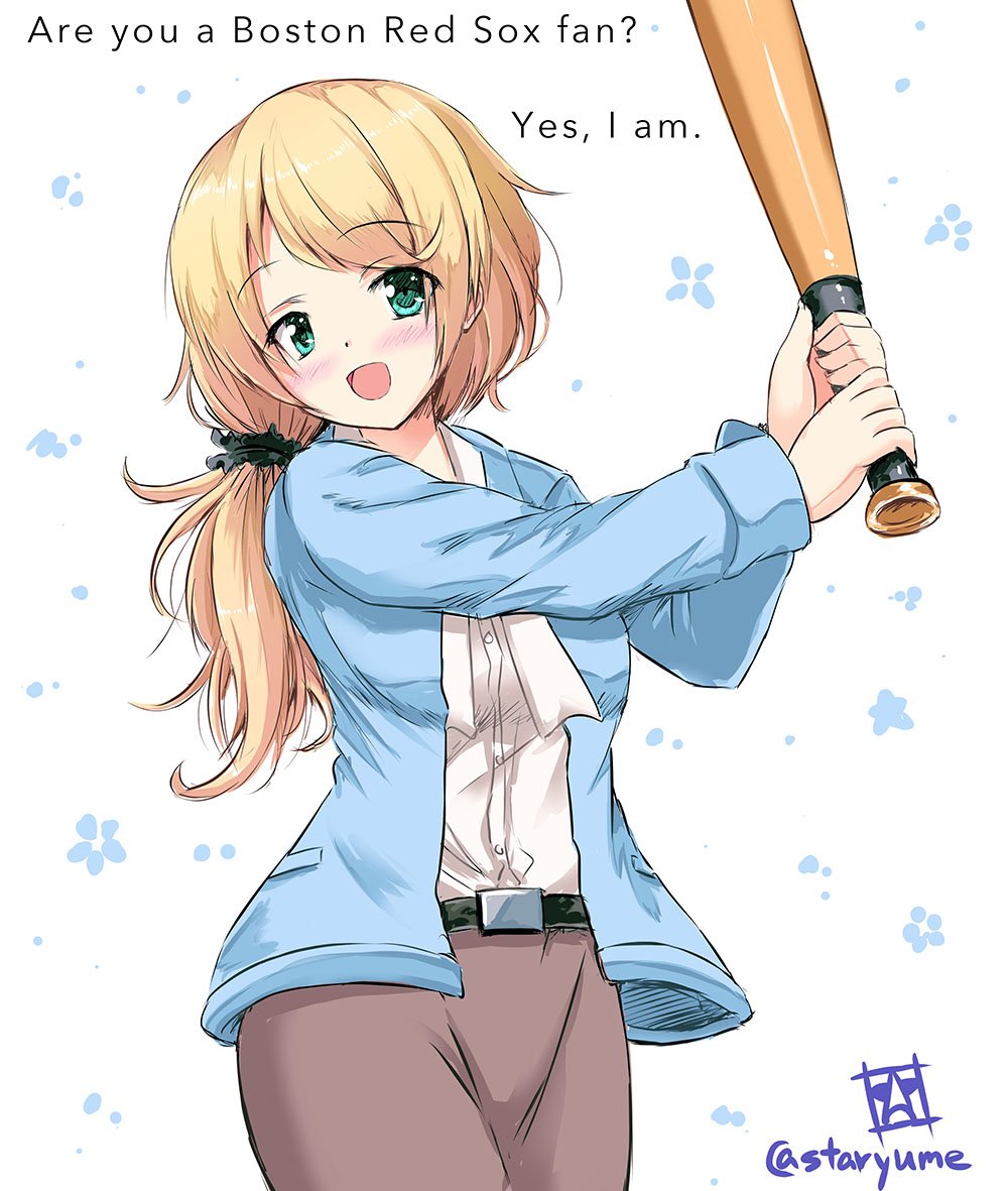 1girl baseball bat solo blonde hair skirt jacket long hair  illustration images