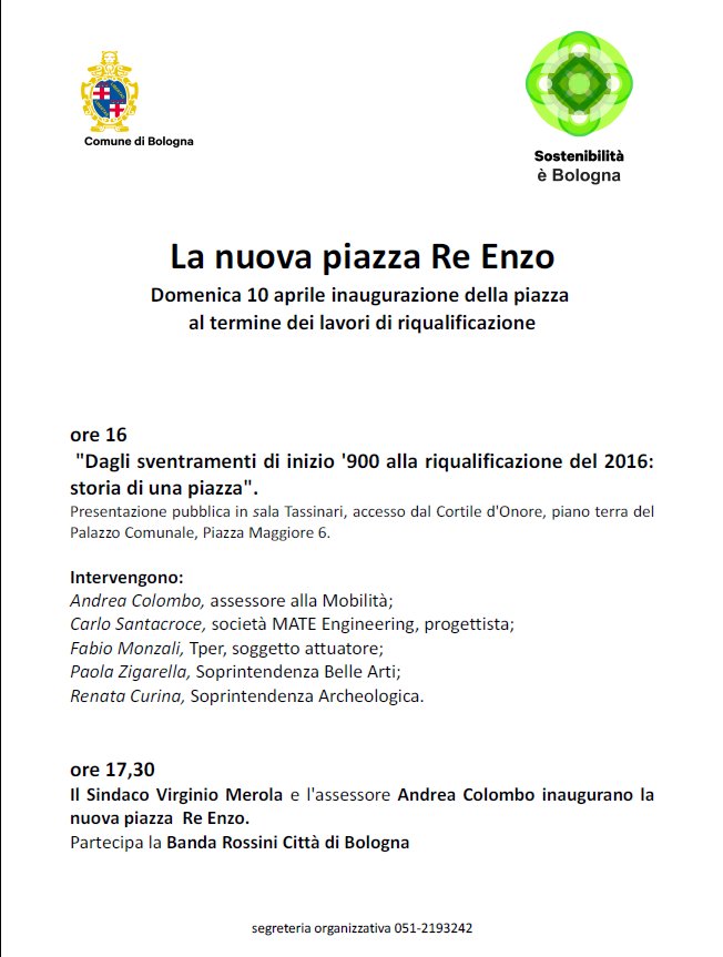 FondazioneIU's tweet photo. oggi pomeriggio verrà inaugurata la nuova #piazzaReEnzo riqualificata https://t.co/ME5NT8UqU2 #dinuovoincentro https://t.co/TIM4Vv3aSl