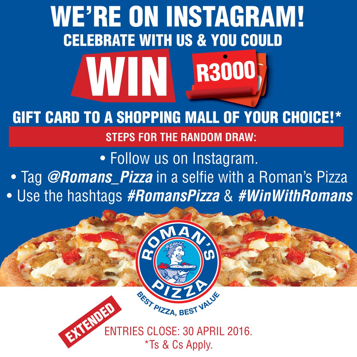 romans_pizza's tweet photo. R3000 Mall voucher up for grabs! Enter on our Instagram account NOW! #RomansPizza #WinWithRomans https://t.co/0nNgr3HKYw