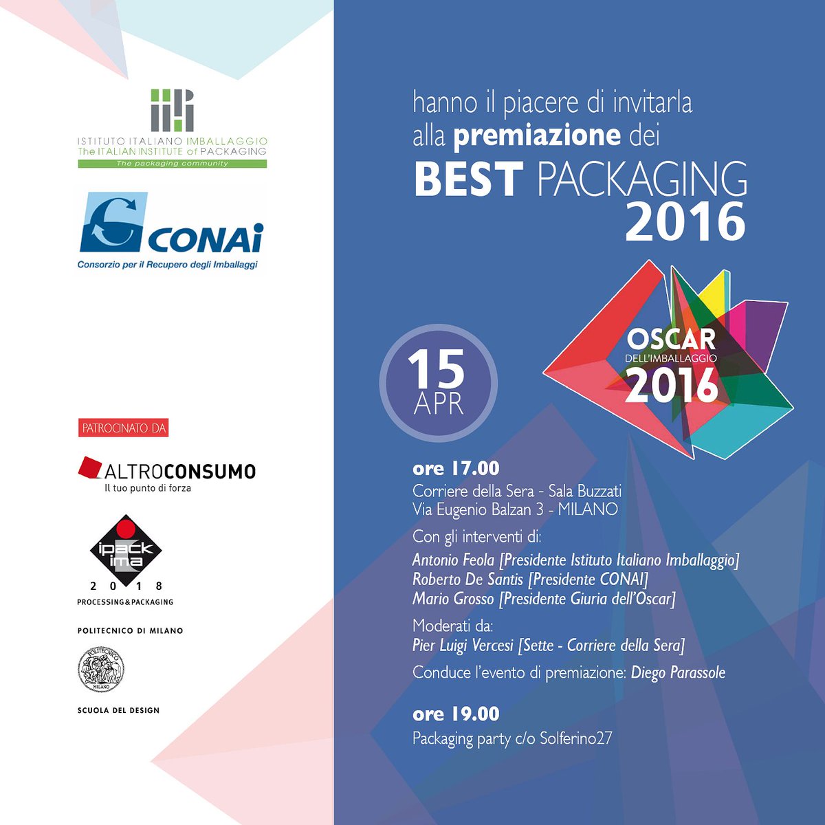 conai's tweet photo. 15/4 h17:scopriamo vincitori #OscarImballaggio!Alle 19 festeggiamo al #PackagingParty @bestpackaging @parassole https://t.co/eBfzzzwUAv