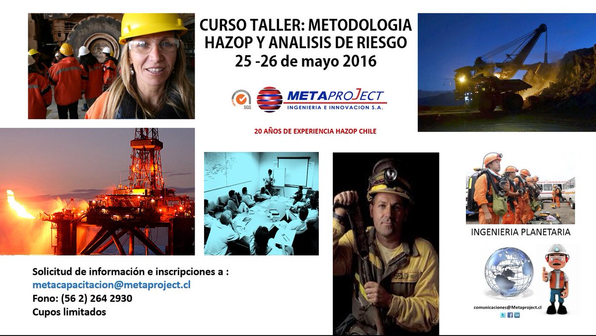 metaprojectcl's tweet photo. #MiningLovers Próximo Taller Hazop @metaproject_cl  https://t.co/sKZo5UUskL @ENAMIChile @CodelcoChile @BarrickGold https://t.co/96PwdssgjO