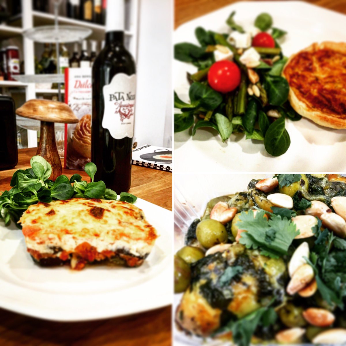 AlotroladoMed's tweet photo. #moussaka #tajin de pollo y limón confitado #quiche de puerros ensalada de espárragos y piñón vino tinto de Jumilla https://t.co/AfnLca5bhL