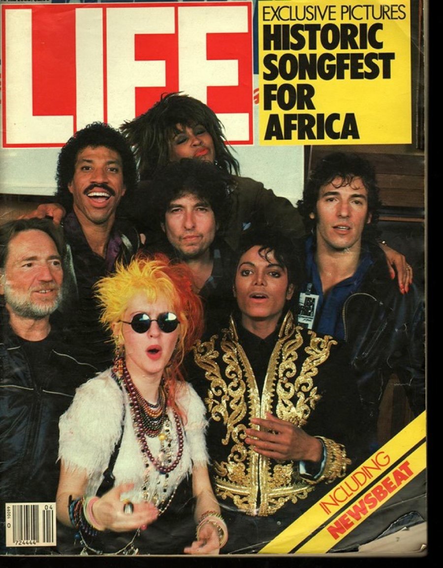 michaeljackson's tweet photo. #FlashbackFriday Michael, Willie, Lionel, Bob, Cyndi, Tina, and Bruce on the cover of Life Magazine in April 1985. https://t.co/OSQHOPToBh