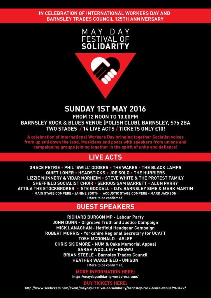 MAY DAY FESTIVAL OF SOLIDARITY feat <a href="/thehurriers/">The Hurriers</a> <a href="/gracepetrie/">Grace Petrie</a> <a href="/TheWakes/">The Wakes</a> <a href="/SwillOdgers/">Phil 'Swill' Odgers 💙</a> <a href="/lizzienunnery/">Lizzie Nunnery</a> #ComradeRock