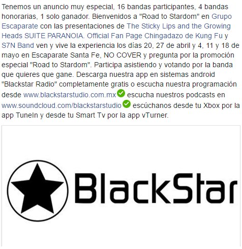 BlackStarMx's tweet photo. Road to Stardom en @EscaparateBar con @thestickylips @SuiteParanoia @elchingadazode @S7Nmusic info en la imagen. https://t.co/xgQuV2mhEb