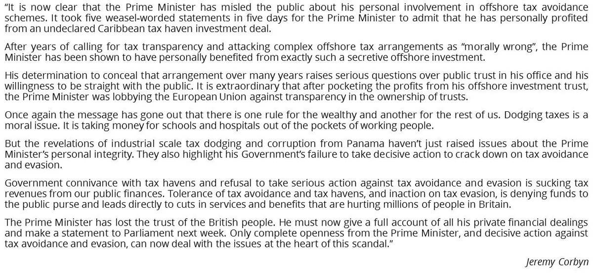 Here's my full statement on David Cameron & the #panamapapers tax dodging scandal: