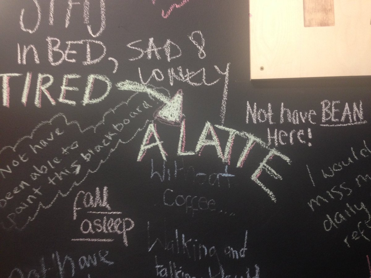UKCoffeeWeek's tweet photo. So many coffee puns on our chalkboard at @LdnCoffeeFest ... #tiredalatte #beanhere https://t.co/eQA5LP9Kqm