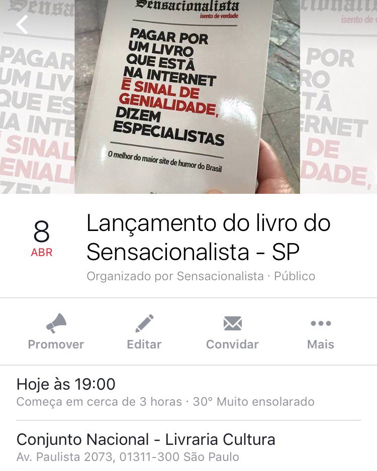 sensacionalista's tweet photo. Amigos de SP, logo mais lançaremos nosso livro na @LivCultura do Conjunto Nacional. Esperamos vocês lá! https://t.co/mZkDtLSL3N