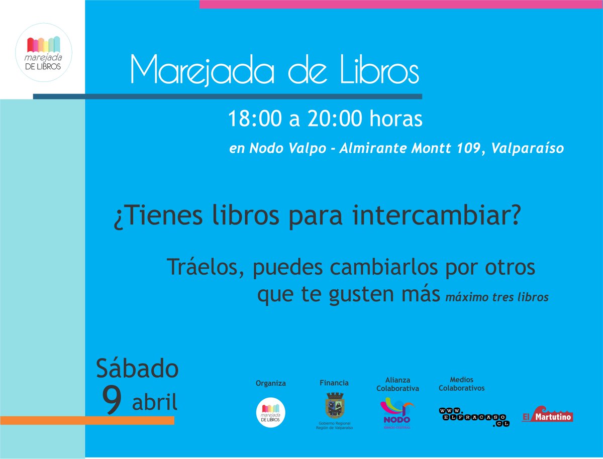 Mañana es nuestro primer intercambio de abril de <a href="/Marejadalibros/">Marejada de Libros</a> , no te lo pierdas! te esperamos en <a href="/NodoValpo/">Nodo Valparaíso</a>
