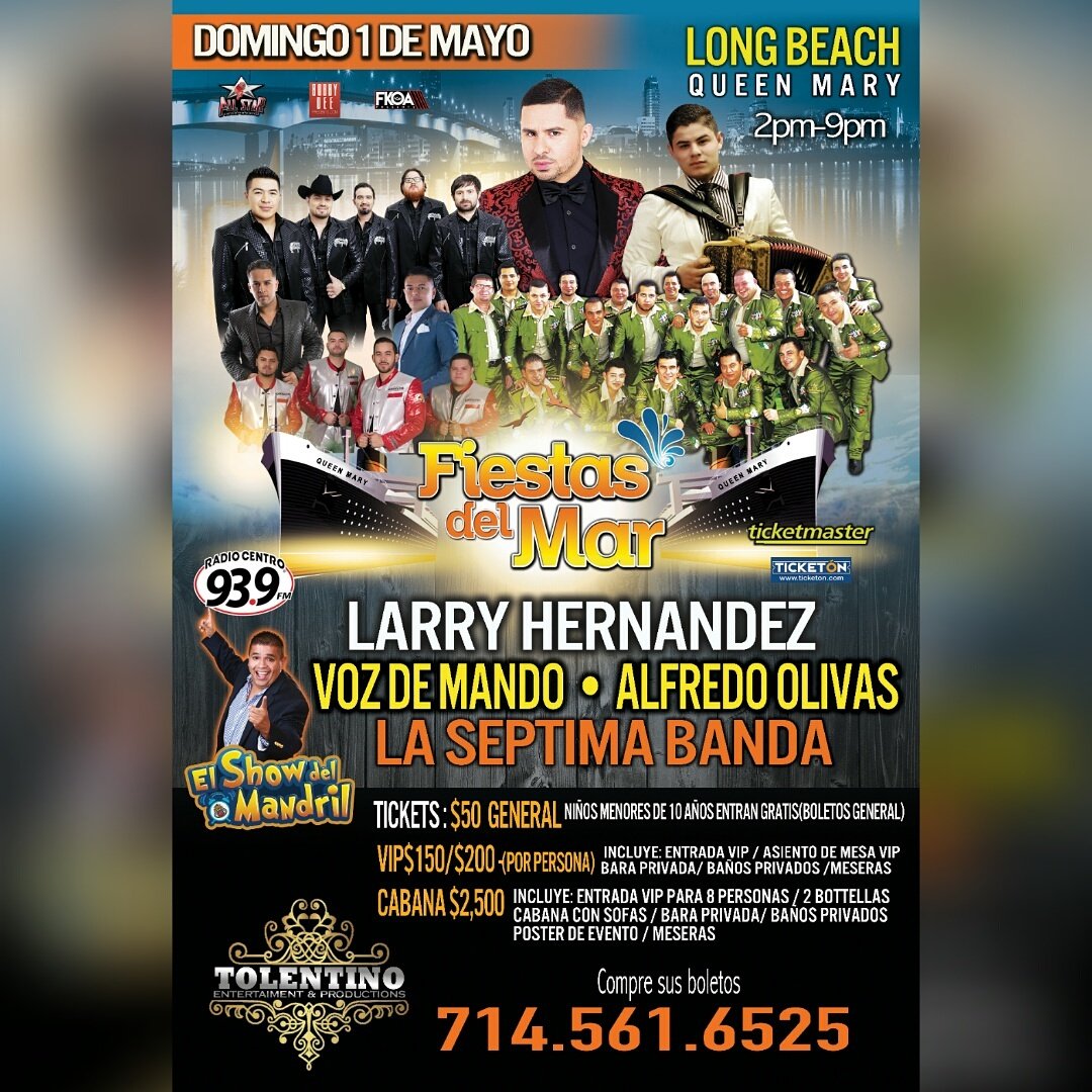 DOMINGO 1 DE MAYO.
The Quen Mary, Long Benach , CA.
2:00—9:00 pm.
Preventa y RSVIP: Jose Tolentino al 7145616525