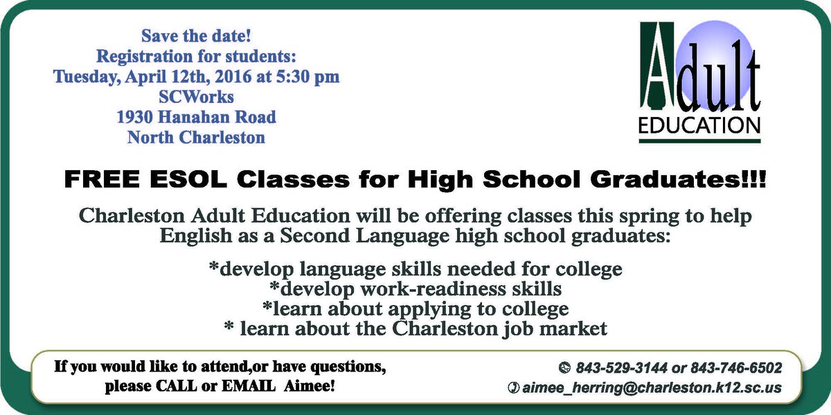Join us Tues. April 12 for the CCSD Adult Education "Academic and Workplace English" class!  (for ESOL speakers)