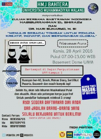 Yuk Kuliah bersama Habiburrahman El Shirazy Pendaftaran: 3-25 April.  Cukup dengan 100K <a href="/mahasiswamlg/">Mahasiswa ½ Malang</a>