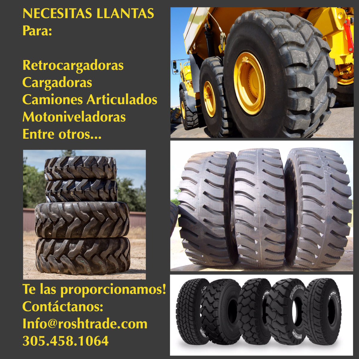 ROSHtrade's tweet photo. Necesitas abastecerte de #llantas para tus maquinarias o equipos pesados? Contáctanos: info@roshtrade.com https://t.co/gq0afvVTyF