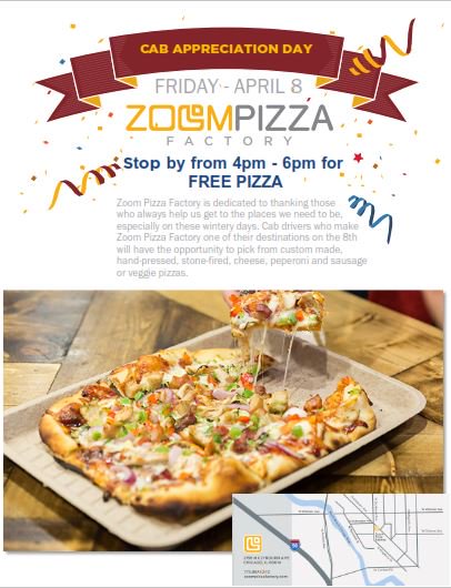 Hey Chicago Drivers, it's time to enjoy some FREE pizza! We can't wait to see you soon! #CabAppreciationDay