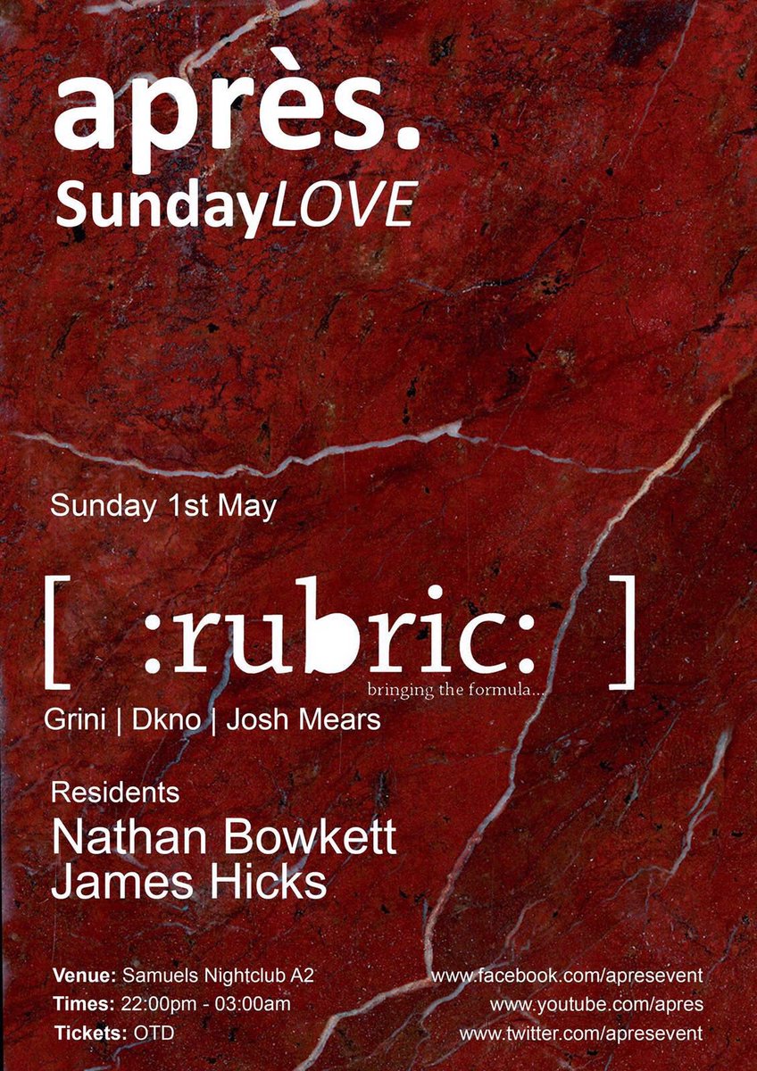 sundayloverec's tweet photo. @apresevent &amp; @sundayloverec are proud to welcome @MusicRubric to Samuels A2 on 1st May  .. https://t.co/bVafZXtwW6 https://t.co/8ipx0GclTO