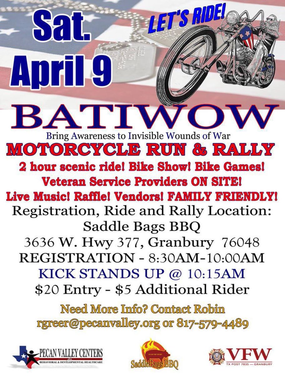 MVPNTexas's tweet photo. A friendly reminder that there will be a #batiwow #runandrally on April 9th. More info in the flyer! #texasveterans https://t.co/YoUZZCjo2S
