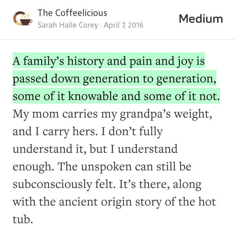 “A family’s history and pain and joy is passed down generation to generation, some of it knowable and some of it not.…” from “Piecing Together a Past” by Sarah Halle Corey.