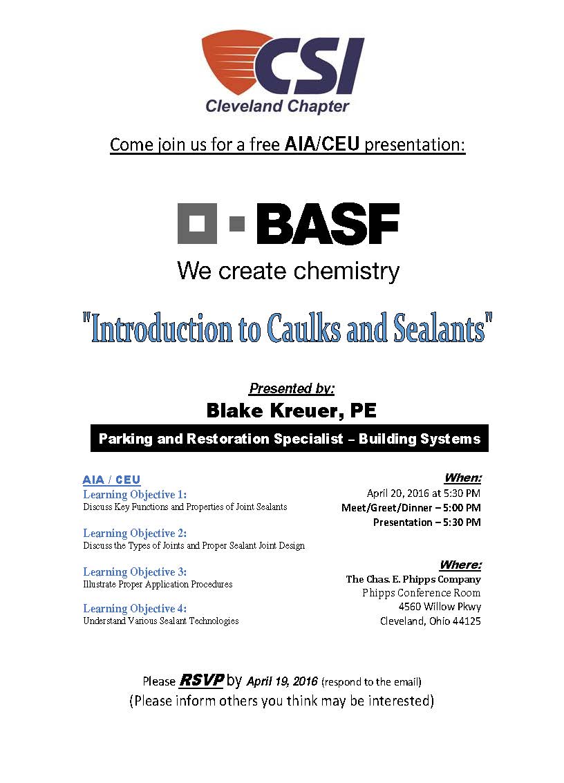 CSI_Cle's tweet image. Mark your calendar for this month&apos;s CSI Education Chapter Meeting! Introduction to Caulks and Sealants.