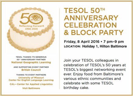 TESOLConv's tweet photo. Come to tonight's #TESOL16 Block Party in the Holiday Ballroom to celebrate the #TESOL50th Anniversary! https://t.co/87yQTPZy3x