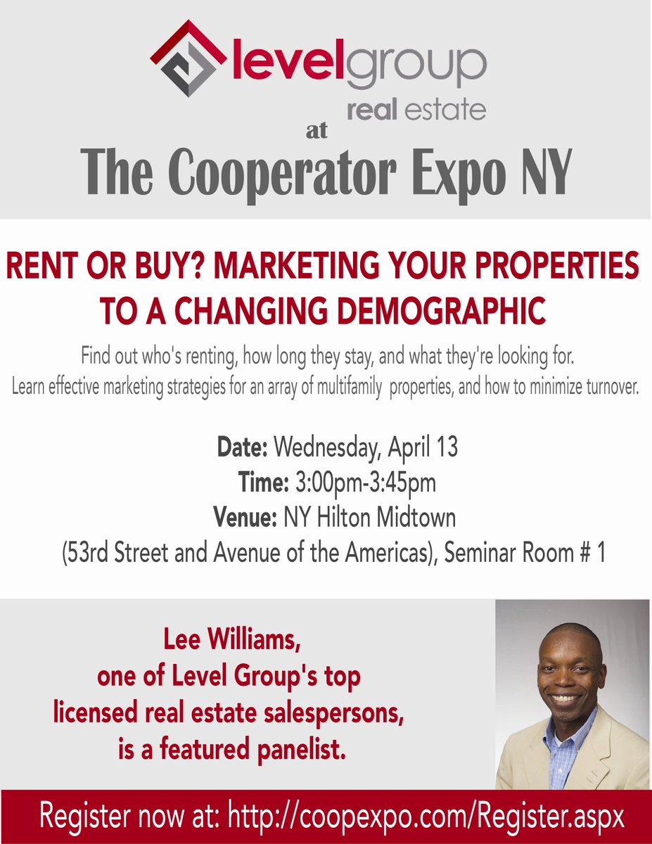 JenneferTBG's tweet photo. #realestateagent Lee Wiliams of #LevelGroup is speaking on #renting/#buying at Cooperation Expo NY 4/13. #realestate https://t.co/qVaQM0poqa