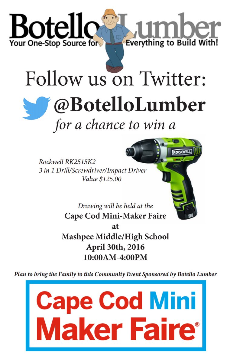 mashpeetech's tweet image. Attn. #Mashpee #makers #makerspace #ff @botellolumber for a chance to win 3 in 1 drill @RockwellTools @ccmakerfaire