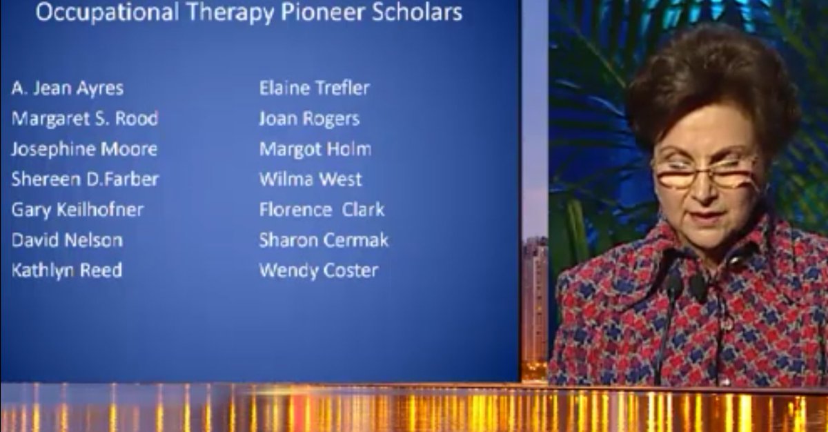 DiverseOT's tweet photo. Pioneer scholars in #OccupationalTherapy. Screenshot from #SlagleLecture live stream with Dr. Susan Garber  #AOTA16 https://t.co/nFXDKcovyI