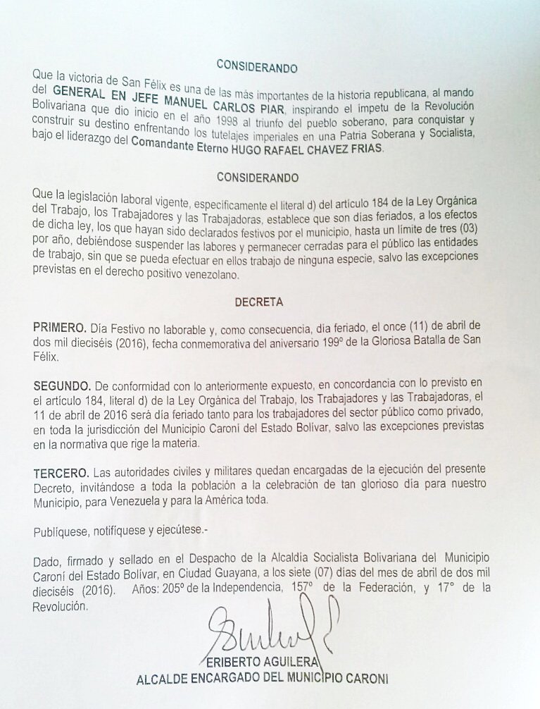CorreodelCaroni's tweet photo. #PasaYComparte: Alcaldía de Ciudad Guayana (@alsobocaroni) decretó no laborable este lunes por Batalla de #SanFélix. https://t.co/cW6HFz9thb