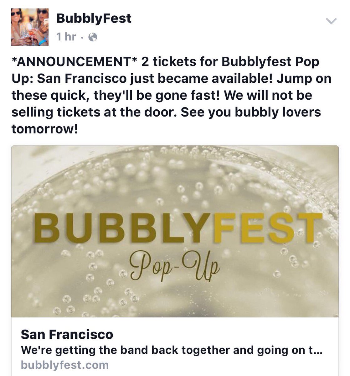 MzMagnoliaBelle's tweet photo. TWO tickets available!! They will go fast!! See you tomorrow!! @BubblyFest https://t.co/suGTZDTkMd