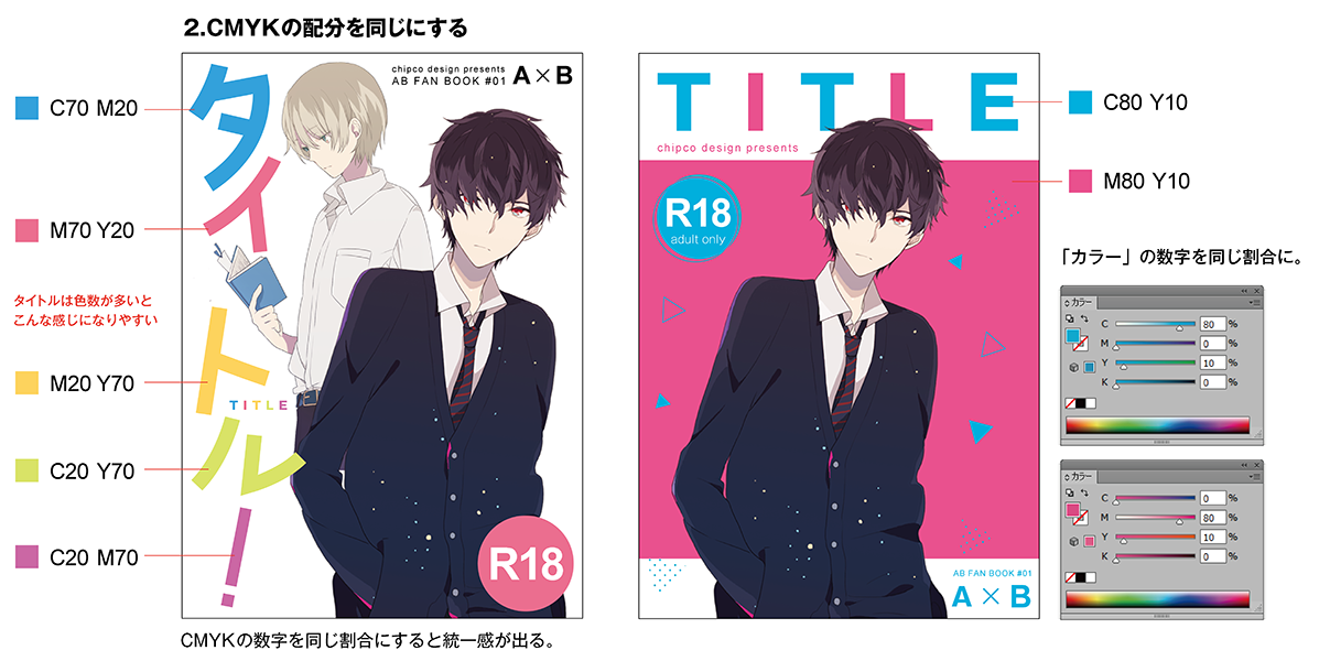 齋藤 同人誌デザイン講座発売中 على تويتر 同人誌の表紙デザインで 色味に統一感が出る方法をまとめてみました 色使いで悩む方は参考にしてみてください T Co Jcsokdb2y3