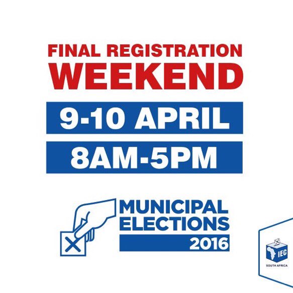 MapsMaponyane's tweet photo. This is the last weekend to register to vote for #Elections2016. Visit your nearest voting station to register.🇿🇦️✔️ https://t.co/yx3HKdRVCA