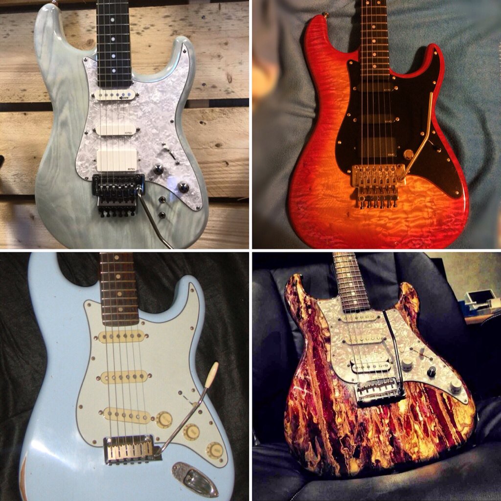 CasswellMichael's tweet photo. A little cross section of current faves. The John McGuire sn001, 1988 VA, Custom Strat, James Tyler. https://t.co/6WS6GZlhfs
