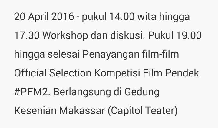 #UpdateINFO 
PEKAN FILM MAKASSAR #2 2016 
Ayo ramaikan! 
Cc.  <a href="/Daeng_Info/">Daeng Info</a> <a href="/revius_/">Mind Inside</a> @meditatif_film <a href="/tribunnews/">Tribunnews.com</a>