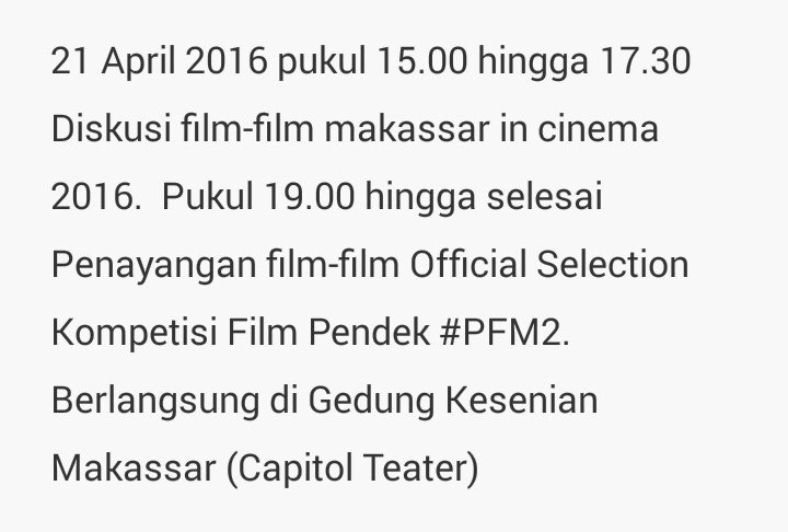 #UpdateINFO 
PEKAN FILM MAKASSAR #2 2016 
Ayo ramaikan! 
Cc.  <a href="/Daeng_Info/">Daeng Info</a> @revius_ @meditatif_film <a href="/tribunnews/">Tribunnews.com</a>