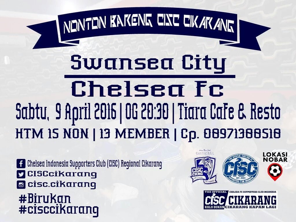 CISCcikarang's tweet photo. #Nobar #CISCckr
Sabtu, 9 April 2016
Swansea vs Chelsea
OG 20:30
Tiara Cafe & Resto
Cp.08971388518
@ChelseaIndo https://t.co/JuiYdHMWOw