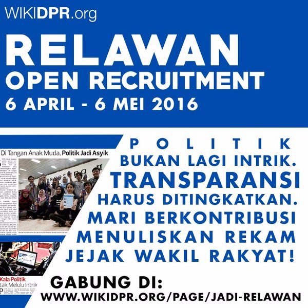 Yuk berkontribusi menulis rekam jejak wakil rakyat! Daftar jadi relawan di @WikiDPR  wikidpr.org/page/jadi-rela… #KUjobs