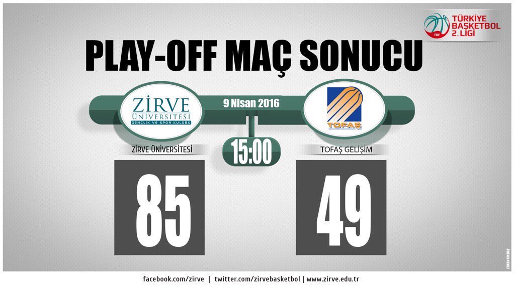 "<a href="/ZirveBasketbol/">ZirveBasketbol</a>: TB2L Play off 1.maçını kazanan takımımızı tebrik ederiz. "