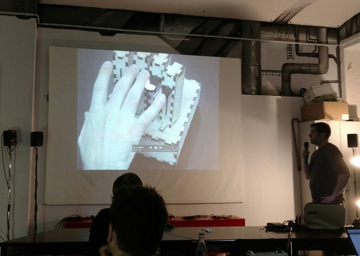 LAudioBerlin's tweet photo. Demonstrating the "haptic hand" as instrument at #miniLAC: playing snare drum rolls with fingers and force feedback https://t.co/PPjX7Z1DDN